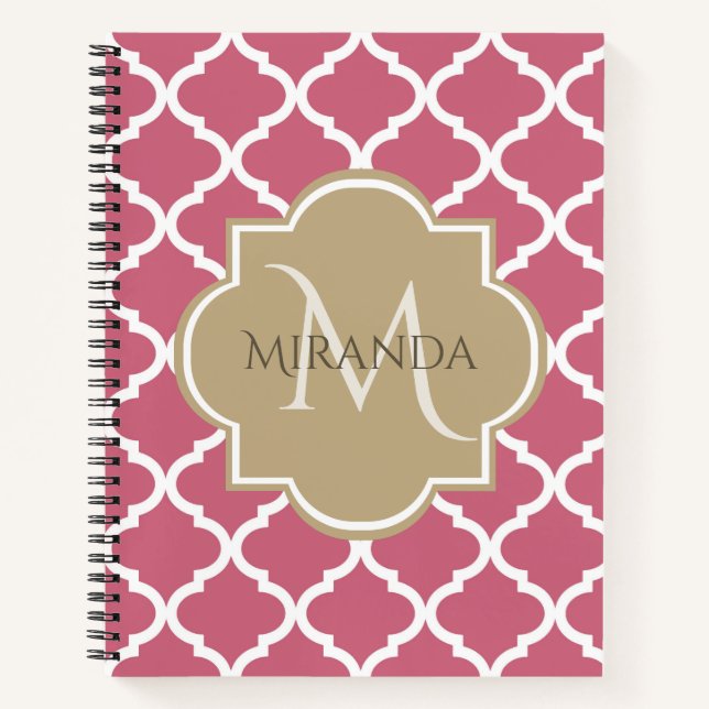 Carnet Quatrefoil rose avec Monogramme de fille et nom (Devant)