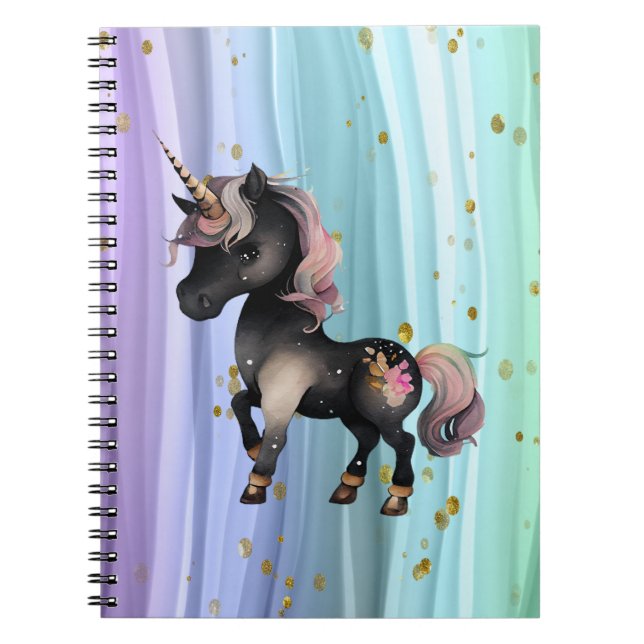 Carnet Queue noire Unicorne violette rose (Devant)