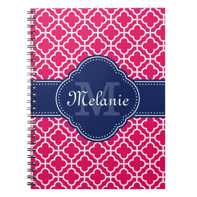 Carnet Raspberry Rose Wht Marocain Motif Marine Monogramm (Devant)