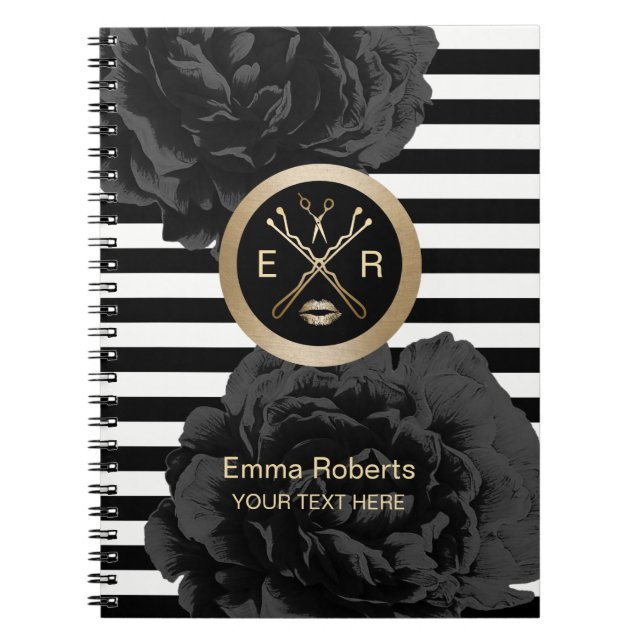 Carnet Rayures modernes florales noires élégantes de (Devant)