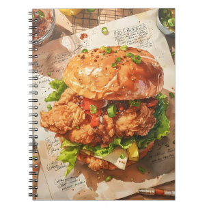 Carnet Recette aquarelle de burger au poulet frit gourmet
