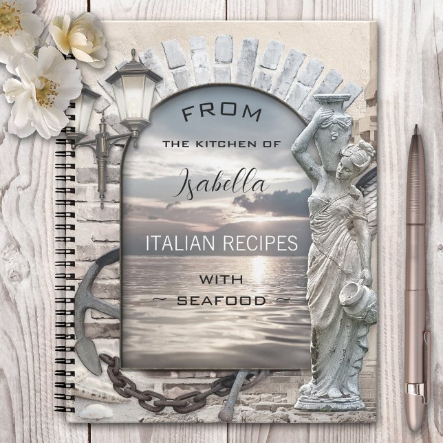 Carnet Recette classique italienne de fruits de mer nauti (Seafood recipe notebook with an Italian nautical theme with a Roman arch and angel)
