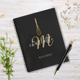 Carnet Recette de fouet noir or monogramme de script 