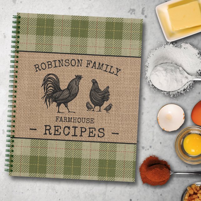 Carnet Recette de la ferme familiale Rooster Hen Sage Pla (Several sizes and inside page designs to choose from)