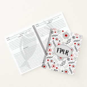 Carnet Recette de monogramme floral rouge gris moderne