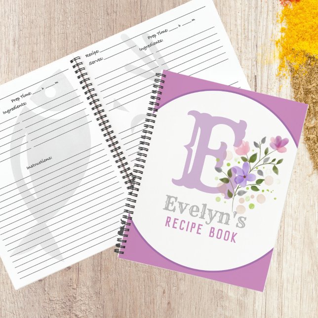 Carnet Recette de monogramme & nom avec fleurs (Personalized Recipe Book)