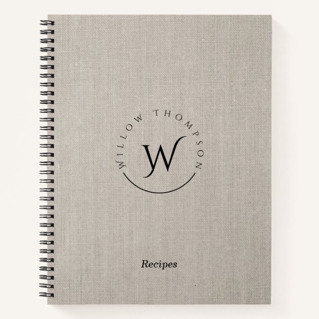 Carnet Recette de script en lin beige monogramme rustique (Devant)