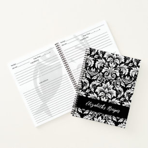 Carnet Recette élégante damas noir et blanc