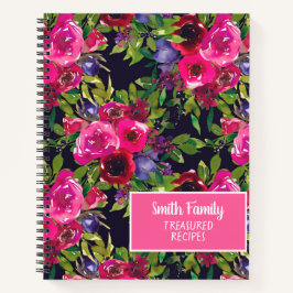 Carnet Recette florale aquarelle rose violet noir