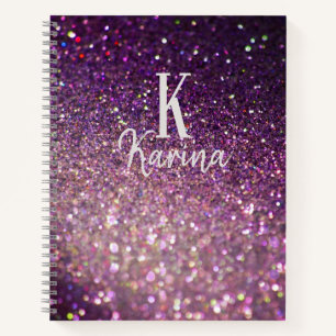 Carnet Recette monogramme script nom violet paillettes sc