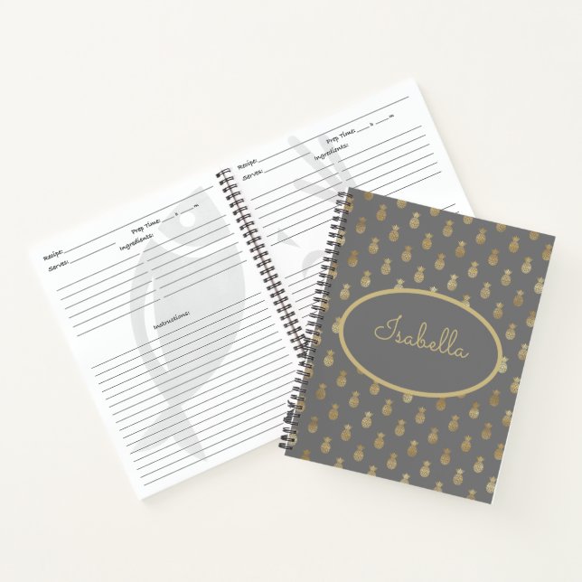 Carnet Recette personnalisée élégante Gris & Ananas Or (Intérieur)