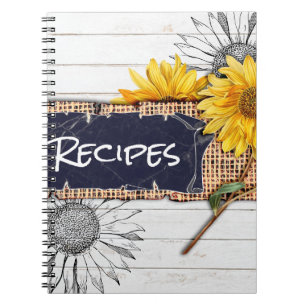 Carnet Recette rustique de tournesol en bois et de toile