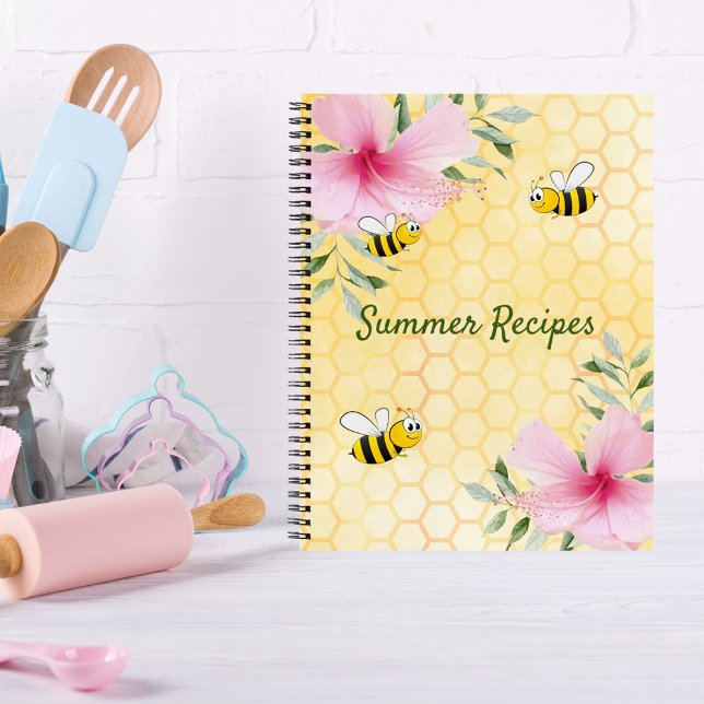 Carnet Recettes abeilles jaune nid d'abeille fleurs roses (Créateur téléchargé)