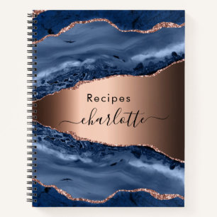 Carnet Recettes bleu agate marbre rose or nom script