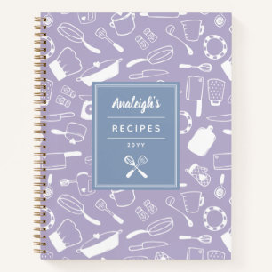 Carnet Recettes de cuisine bleu violet blanc dessinées à 