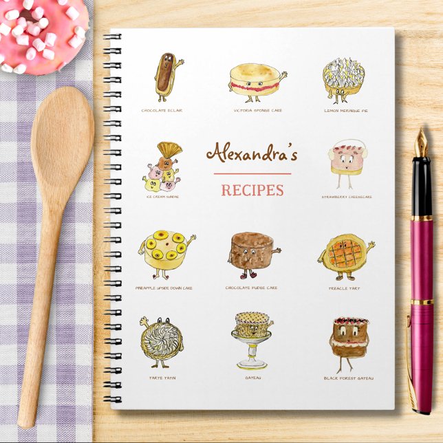 Carnet Recettes de cuisson Cute Cake Cartoon Art ajouter  (Baking recipe custom notebook with cute cake and dessert watercolor cartoon illustrations )