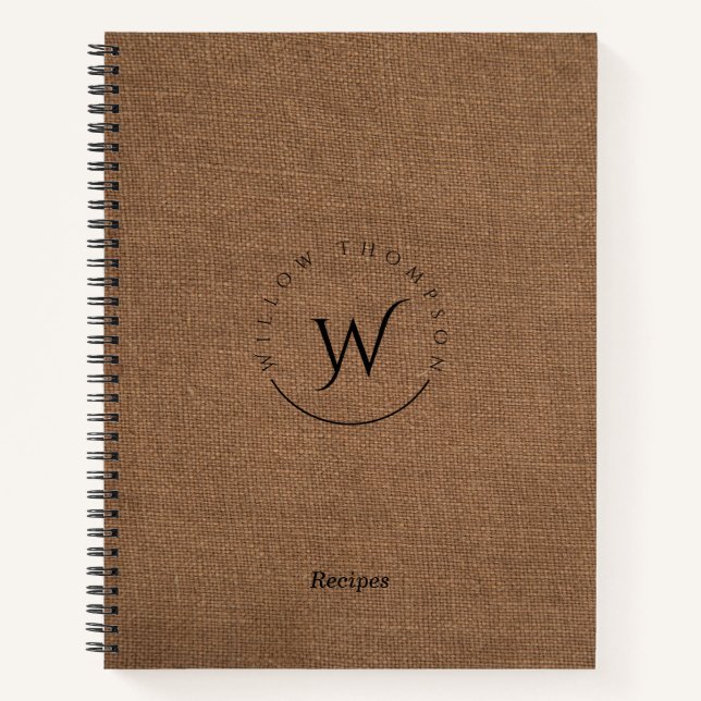 Carnet Recettes Élégantes de lin Brown rustique monogramm (Devant)