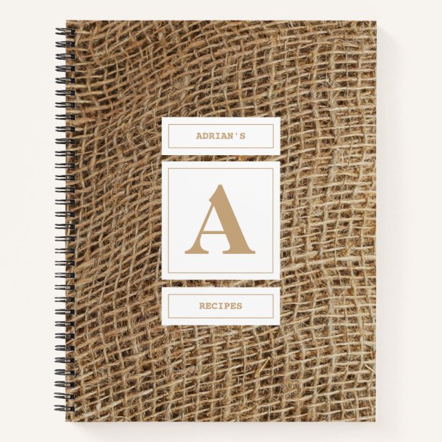 Carnet Recettes initiales du monogramme de Burlap rustiqu (Devant)