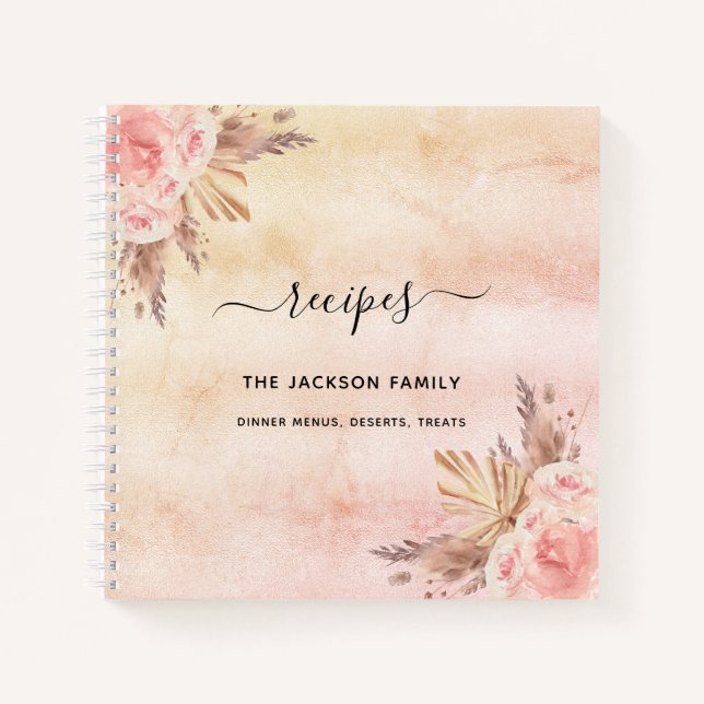 Carnet Recettes pampas herbe blush rose fleuri famille (Devant)