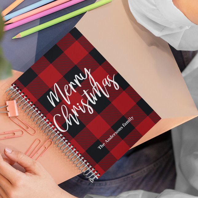 Carnet Red Buffalo Plaid & Joyeux Noël |Nom personnel (Créateur téléchargé)