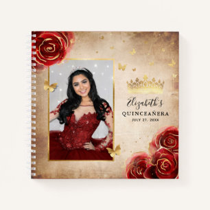 Carnet Red Rose Gold Elegant Photo Quinceanera Invité