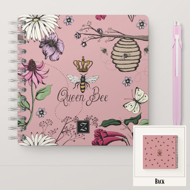 Carnet Reine Abeille Rose Girly Blush & Couronne Monogram (Royal Queen Bee Hand-Drawn Design & Monogram
On the Back: Pattern & Editable "Mommy You Rule" Text)