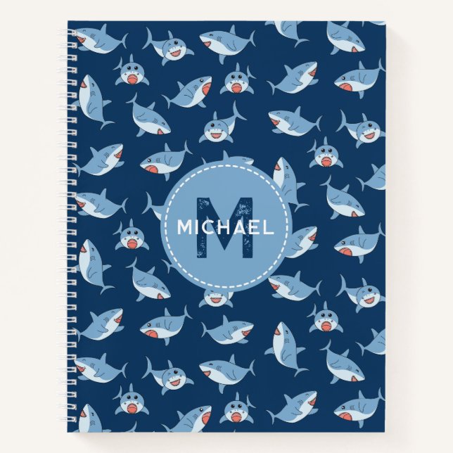 Carnet Requins Blancs Mignons Monogramme Enfants Océan (Devant)