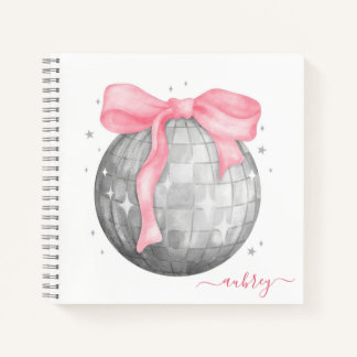 Carnet Retro Coquette Boule à facettes argent Ruban rose