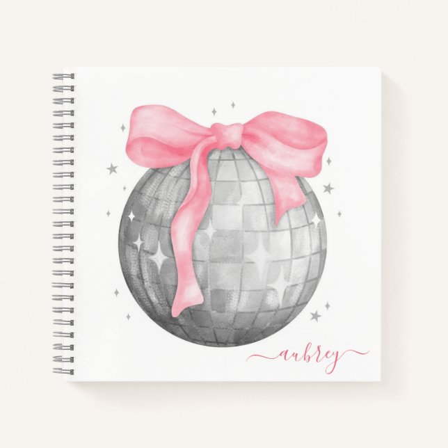 Carnet Retro Coquette Silver Disco ball Pink Ribbon (Devant)