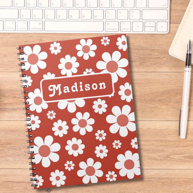 Carnet Retro Floral Personnalisé (Retro 70s groovy daisy pattern custom name orange notebook)