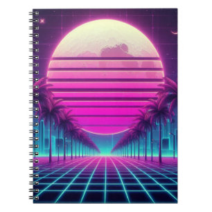 Carnet rétro, néon des années 80 coucher de soleil/palmie