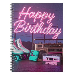 Carnet Retro neon Joyeux Anniversaire signe en rose et tu