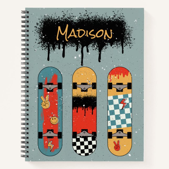 Carnet Retro Skateboard Blue Cool Nom personnalisé (Devant)