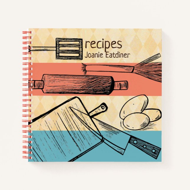 Carnet Rétro ustensile de cuisine recette personnalisée l (Devant)