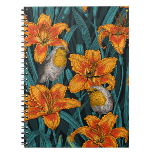Carnet Robins et fleurs de lys, orange et bleu