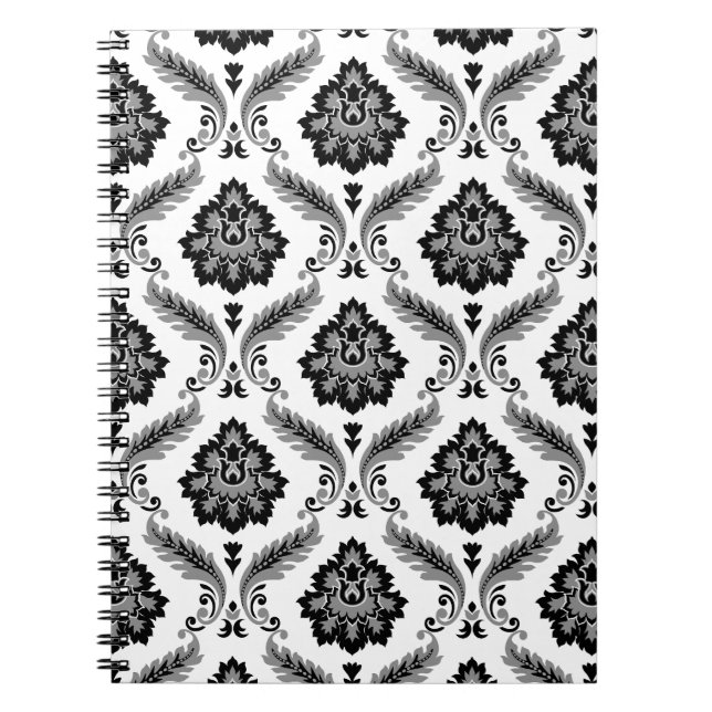 Carnet Rococo Damask Pattern Grey Black White (Devant)