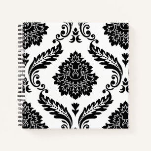 Carnet Rococo Damassé Grand Motif Noir sur Blanc