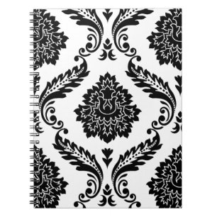 Carnet Rococo Damassé Grand Motif Noir sur Blanc