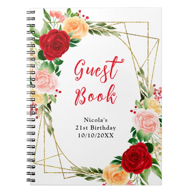 Carnet Romantic Red and Orange Roses Birthday Guest Book (Devant)