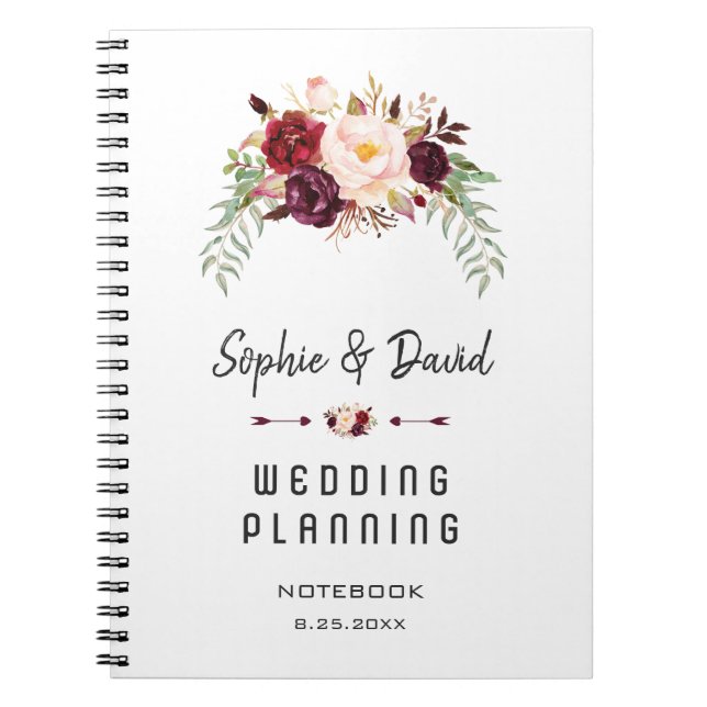 Carnet Romantique Bourgogne Marsala Floral Wedding planne (Devant)