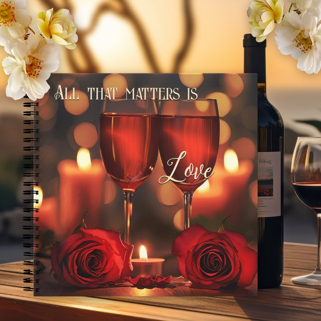 Carnet Romantique vin rouge Roses Amour (A romantic notebook featuring a painting of two glasses of red with roses and candle light)