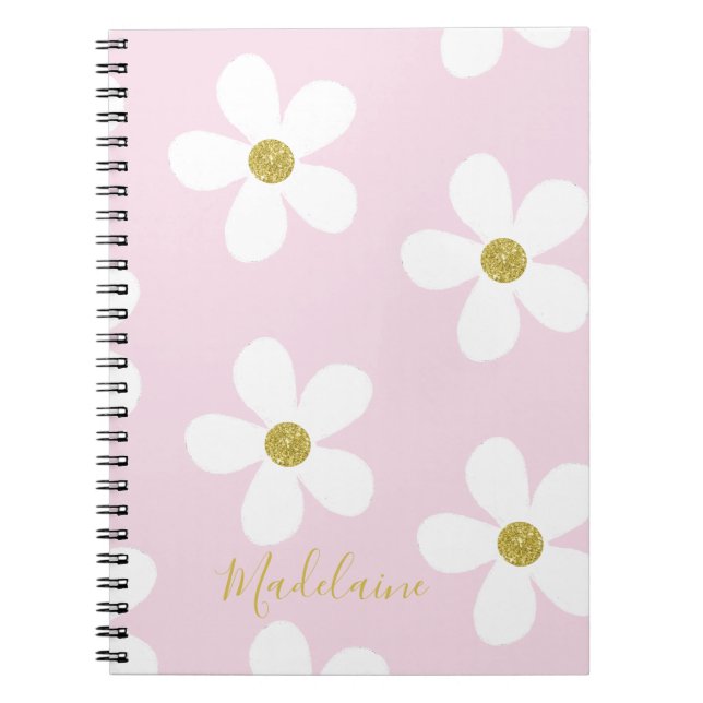 Carnet Rose Blanc Simple Daisy Motif Gold School (Devant)