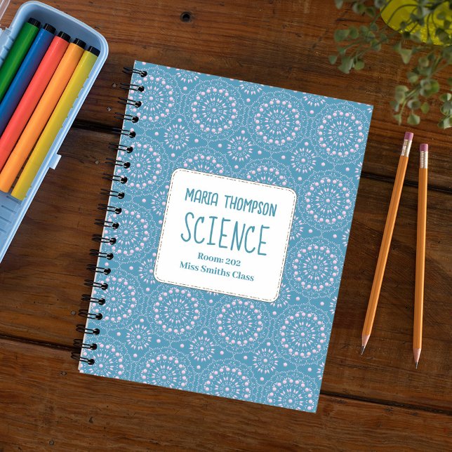 Carnet Rose Bleu Moderne Personnalisé (School subject whimsical pink and blue spiral notebook)