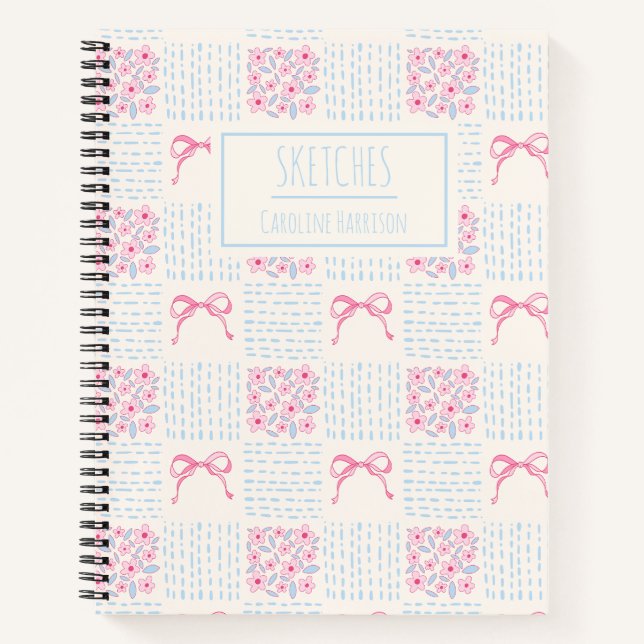 Carnet Rose Bleu Nœuds Coquette Fleurs Nom Personnalisé (Devant)