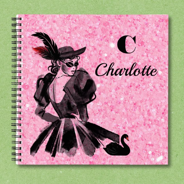 Carnet rose brillant avec modèle Coquette (Optional sizes and interior notebook styles available.)