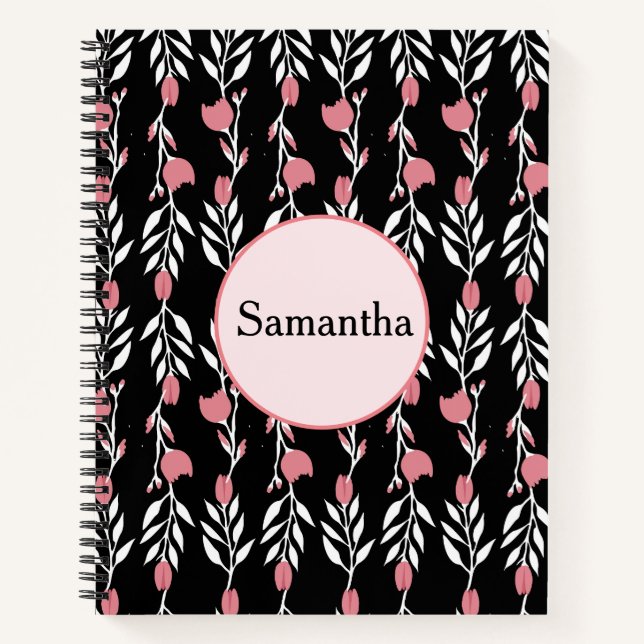 Carnet Rose et noir mignon et floral (Devant)
