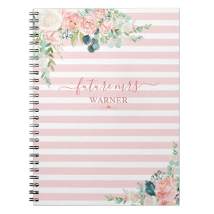 Carnet Rose Floral Gold Pink Stripe Script Futur Mme.