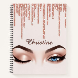 Carnet Rose Gold Glitter Drip avec Maquillage des Yeux Fé