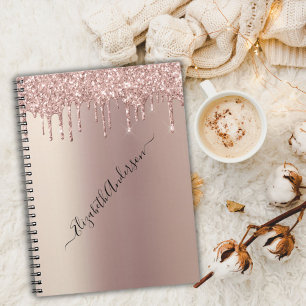 Carnet Rose Gold Glitter Drips Monogram Nom Tendance Fémi