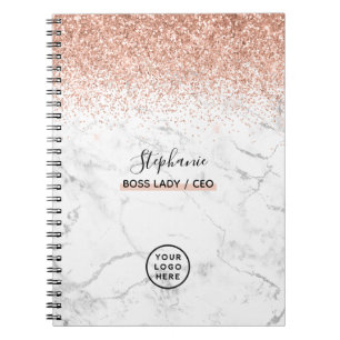 Carnet Rose Gold Glitter Marble Logo Your Name Boss Lady